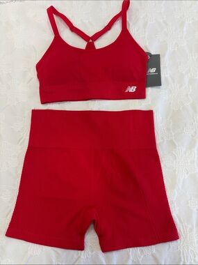 New Balance women Red Ribbed High-Waist Bike Shorts Set